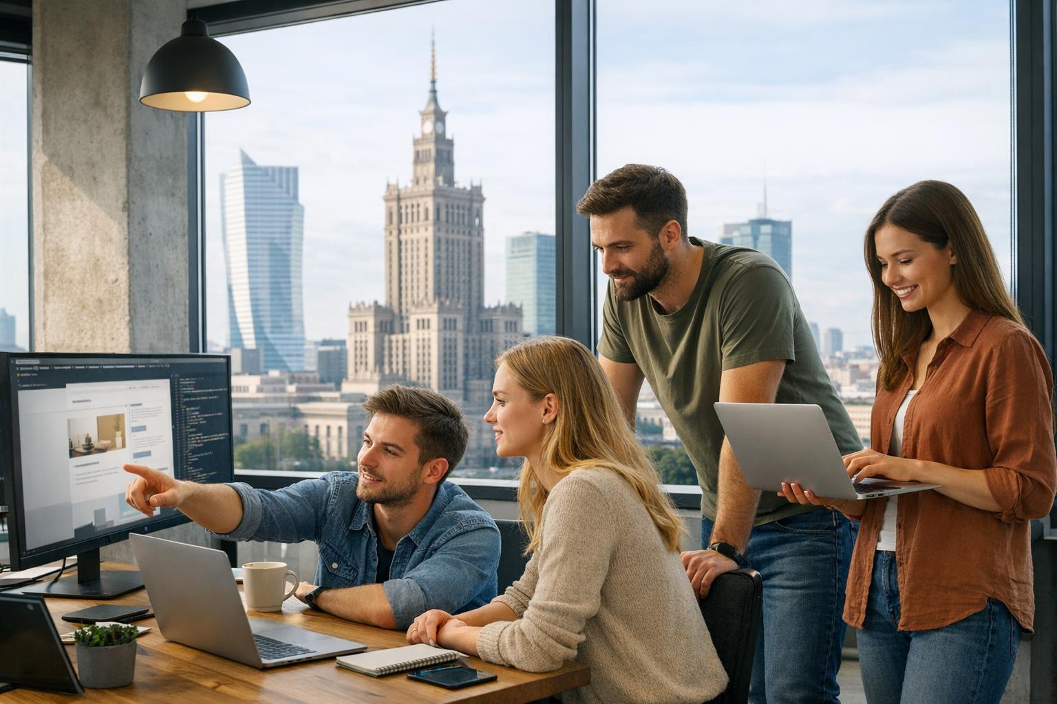 Zdjęcie zespołu deweloperskiego pracującego nad stroną w biurze w Warszawie