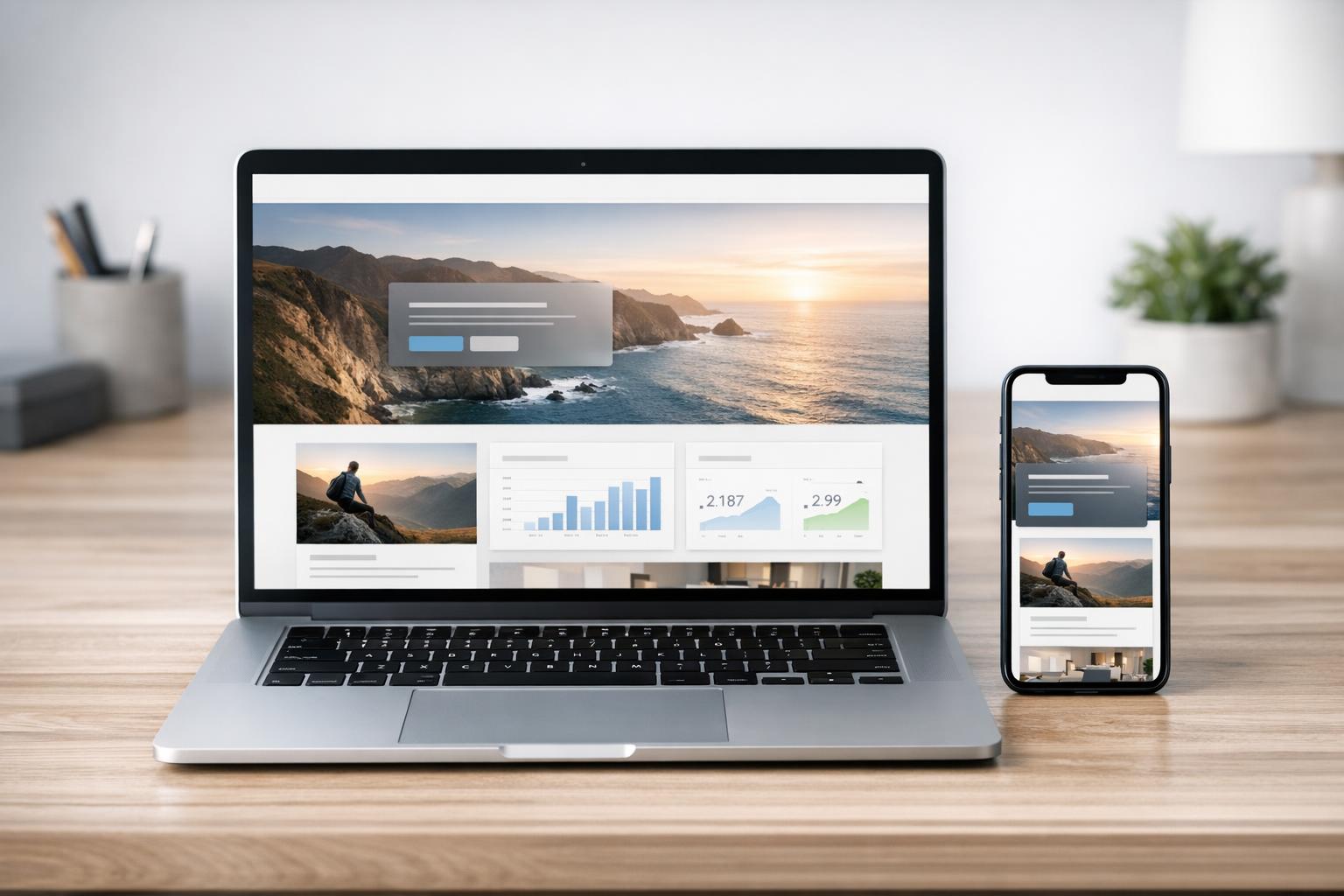 nowoczesna strona internetowa na laptopie i smartfonie — koncept responsive design