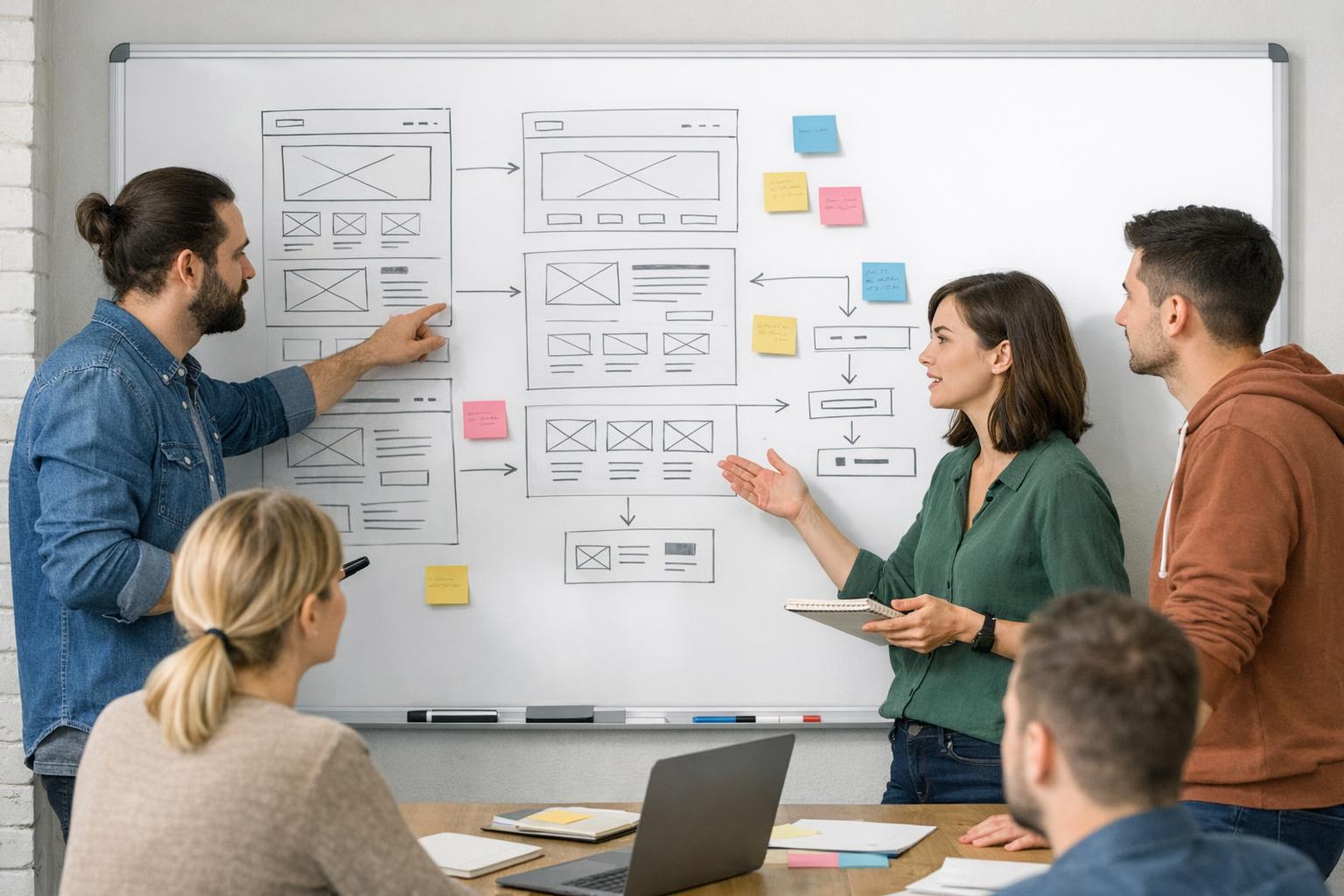 zespół projektowy pracujący nad strukturą strony internetowej przy tablicy — planowanie UX